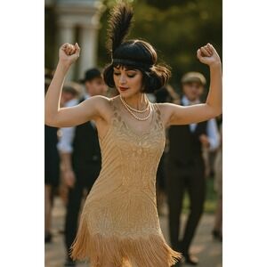 BABEYOND‎ Flapper Dress Great Gatsby Sequin Beaded Fringe Party Dress S
